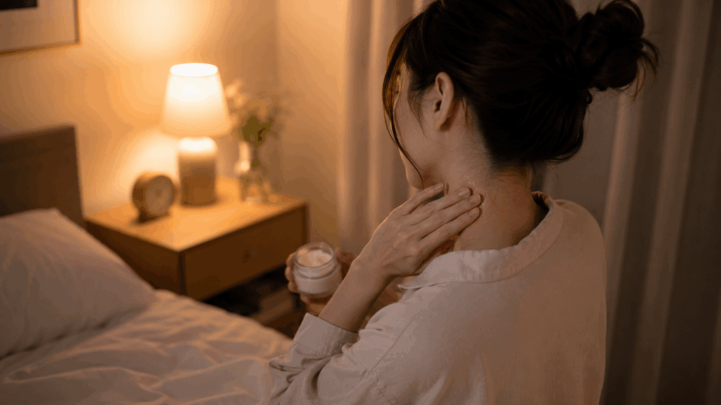 ベッドサイドで首元をやさしく保湿する女性の現場目線のシーン
