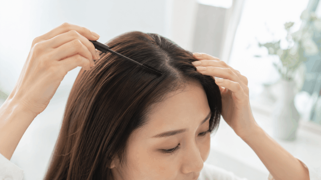 アホ毛をスティックでなでつけて抑える女性の手元のクローズアップ