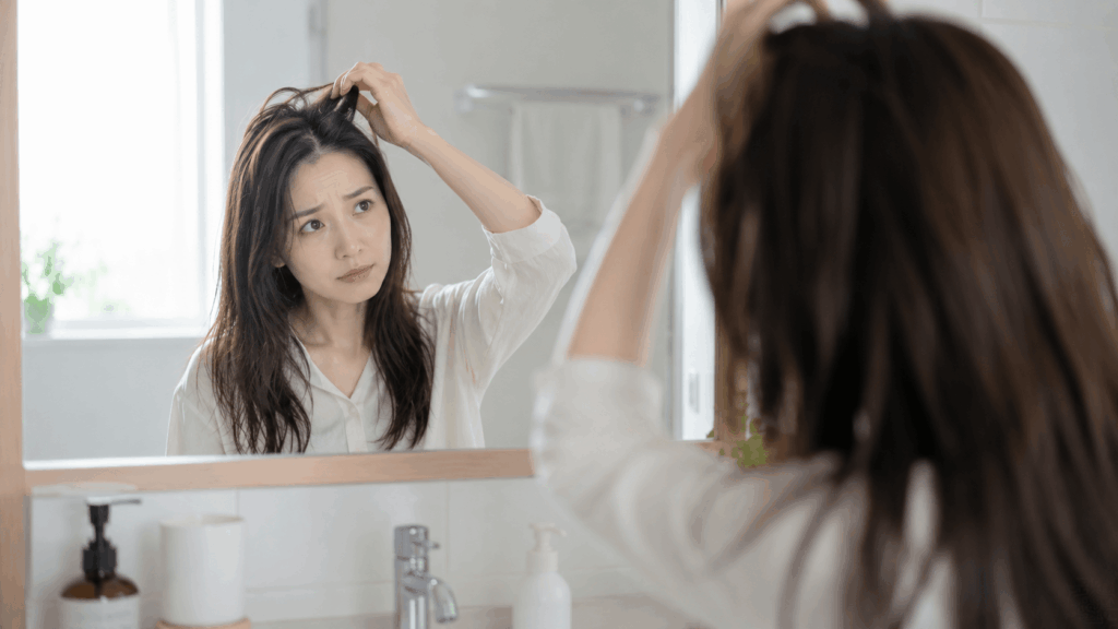ヘアバームがベタつく原因を確認する女性のスタイリング前のシーン
