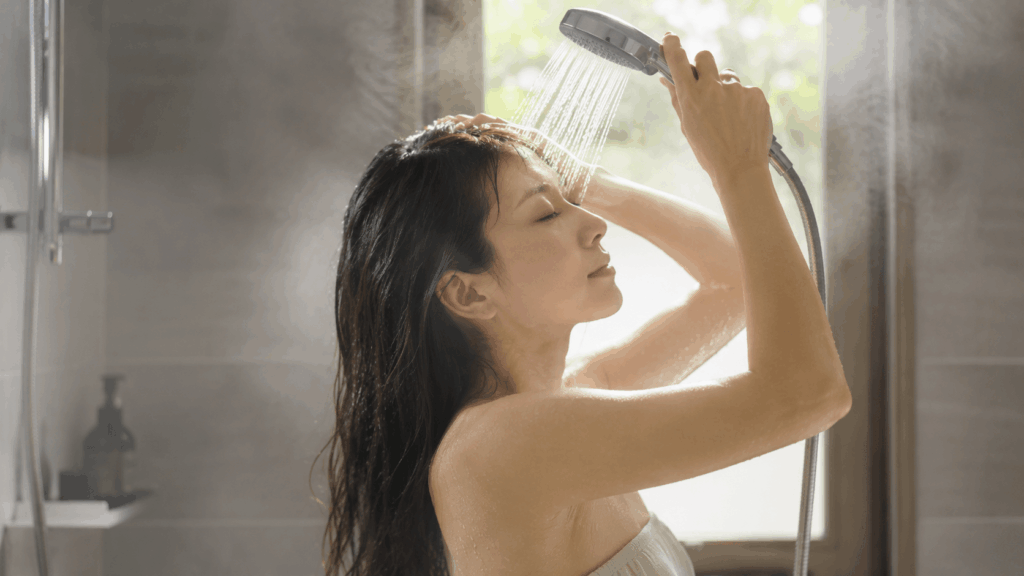 ヘアバームのベタつきや髪のすすぎ残しに悩む女性の現場目線シーン