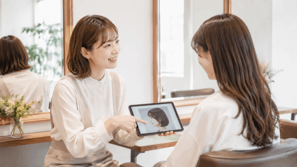 サロンで写真を見ながらカウンセリングする30代女性とスタイリスト