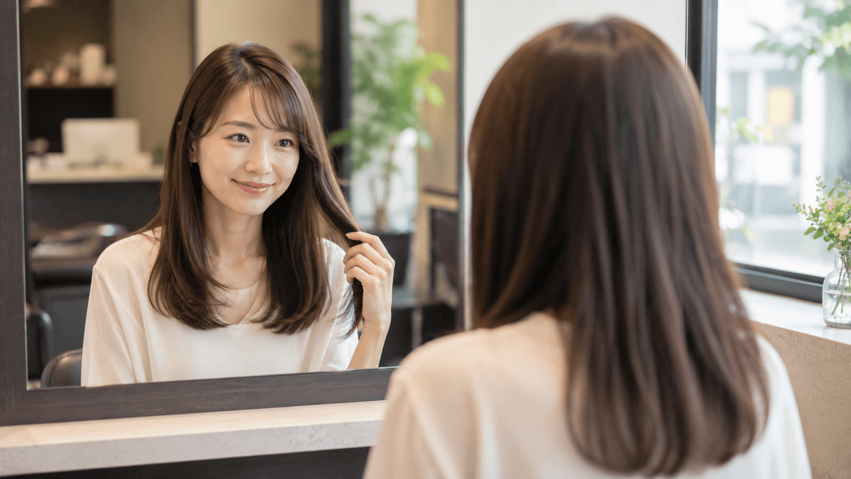 縮毛矯正のリタッチと全体の違いに迷う30代女性が美容室の鏡を見るシーン