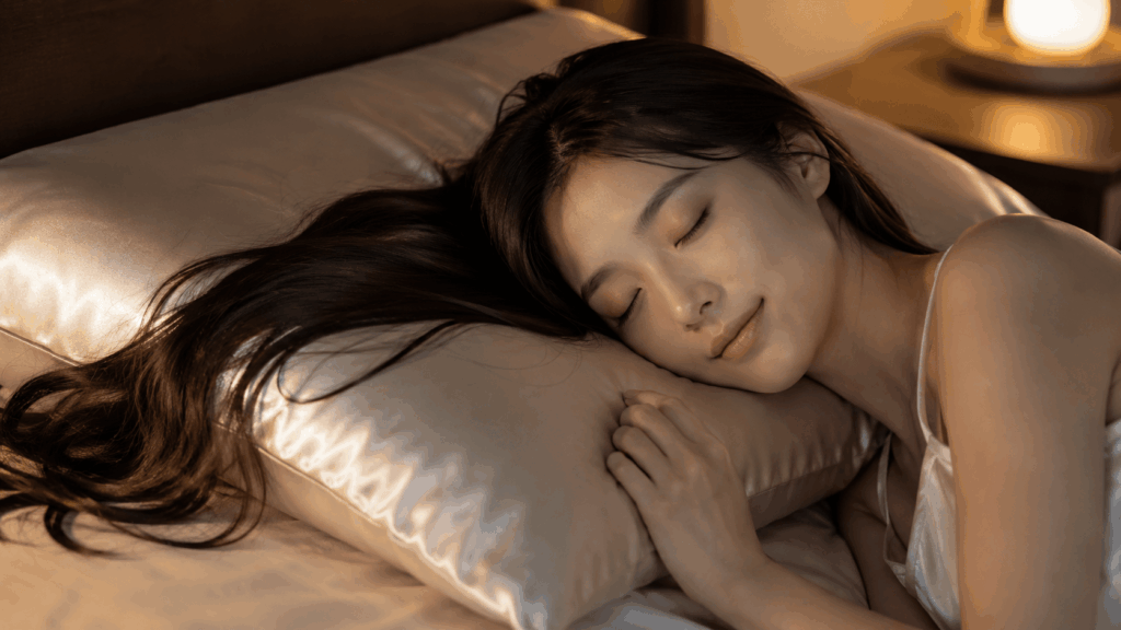 シルク素材の枕で髪をいたわりながら眠る女性の寝室シーン