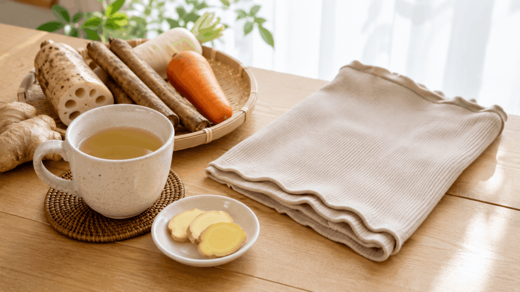夏の温活で内臓を温める生姜湯と腹巻と根菜のイメージ