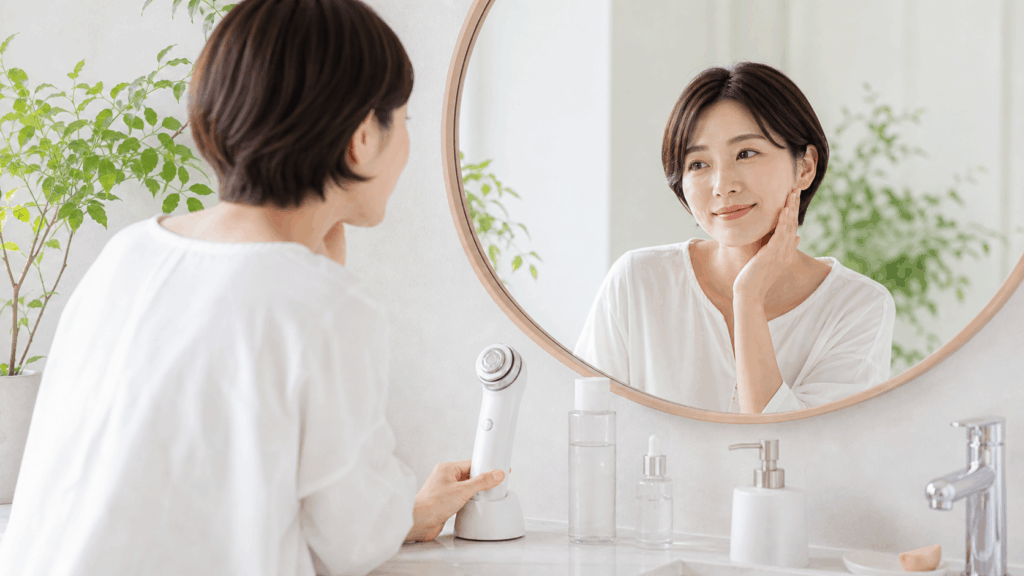 鏡でフェイスラインを確認する女性