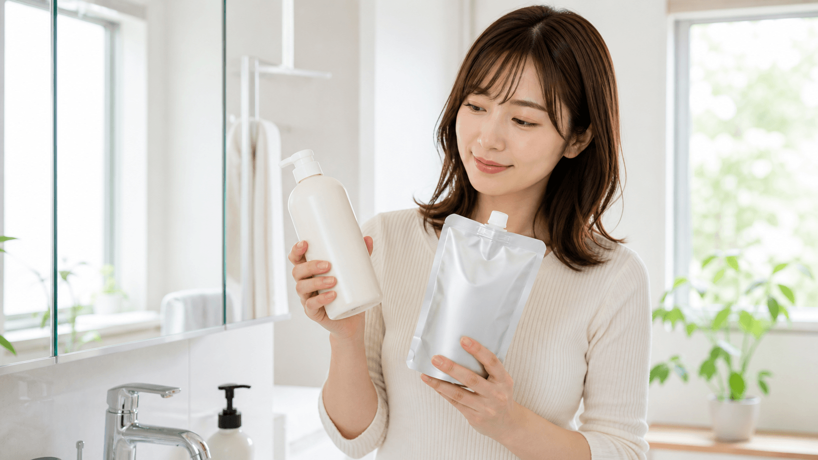 シャンプーの詰め替えパックとボトルを手に取る30代女性のイメージ