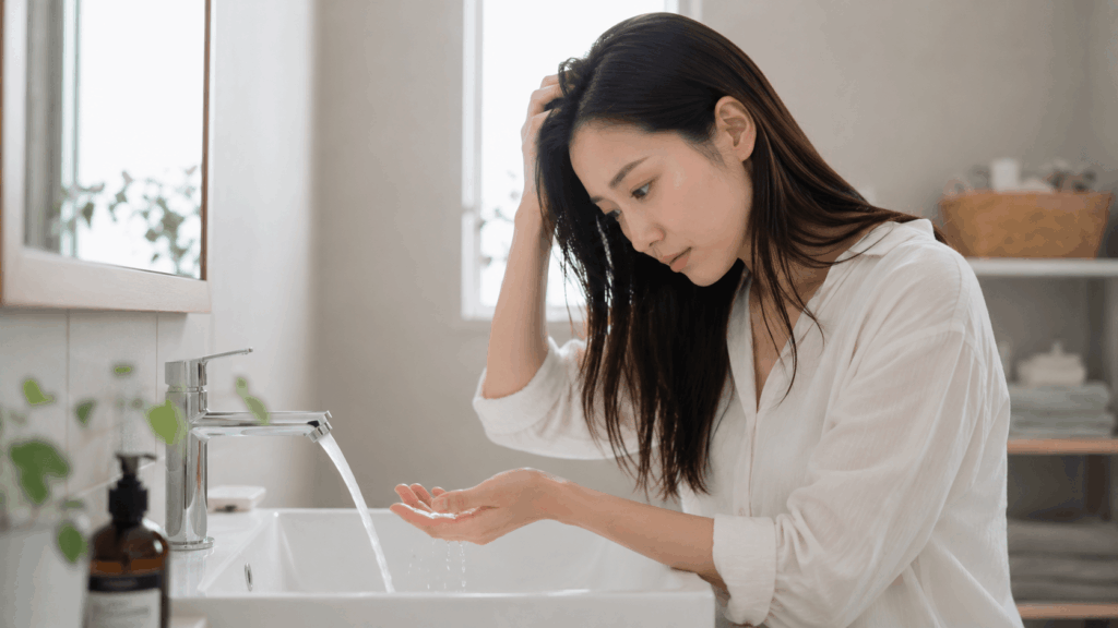 熱いシャワーで頭皮や髪が乾燥するイメージの女性の手元のシーン
