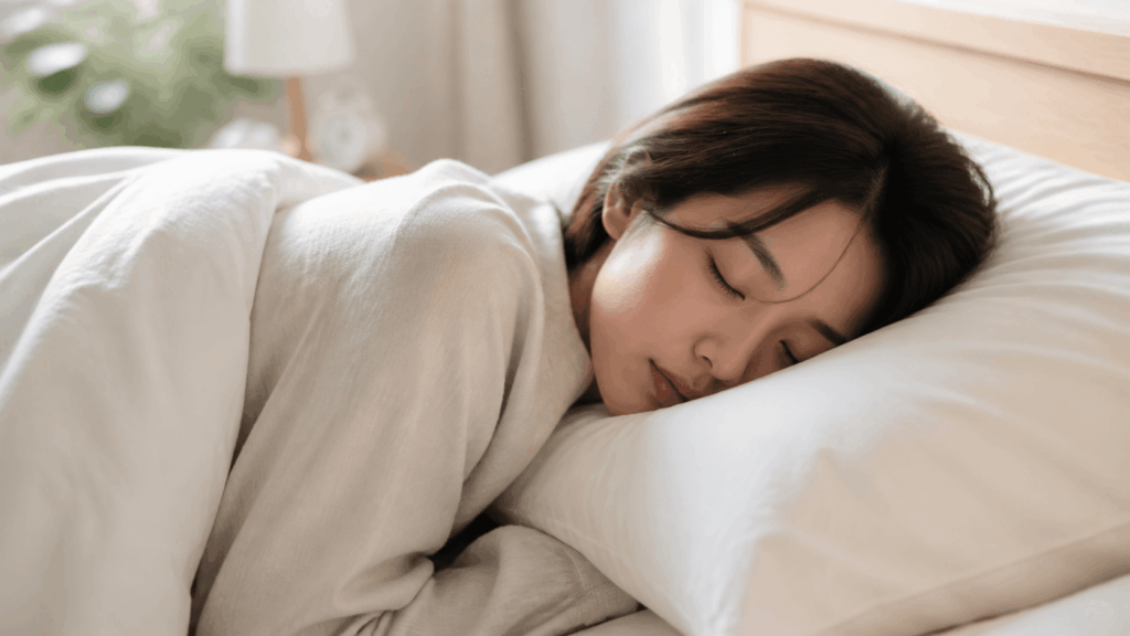 横向き寝で頬が枕に押しつけられている女性の様子