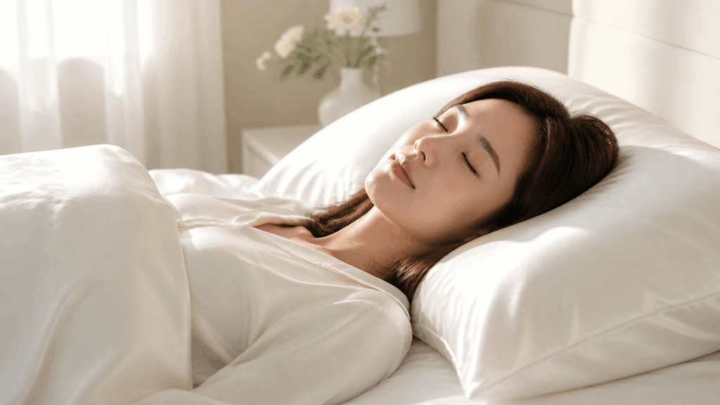仰向けで安らかに眠る女性と枕のイメージ