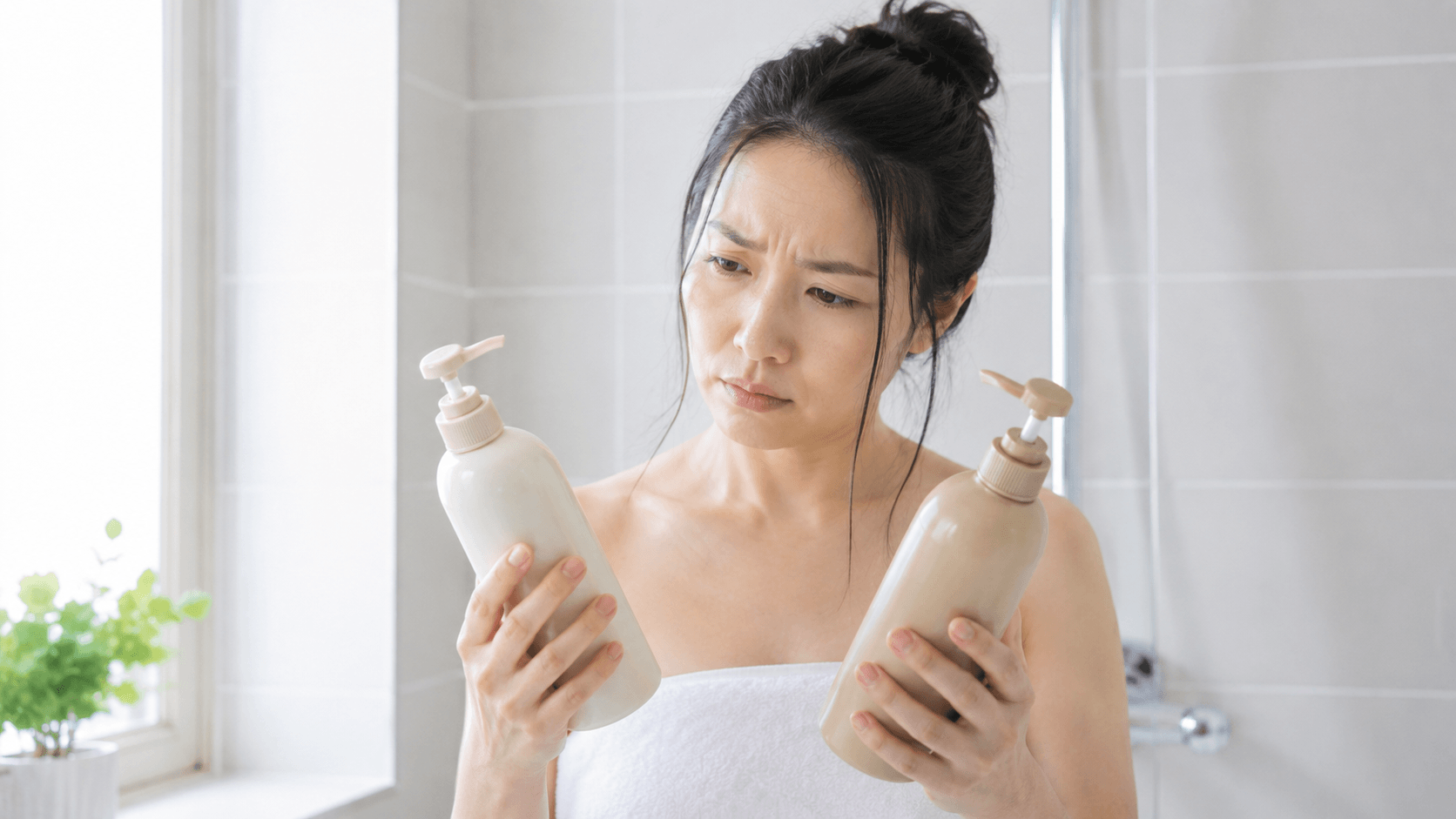 お風呂でリンスとトリートメントの違いに迷う30代女性のシーン