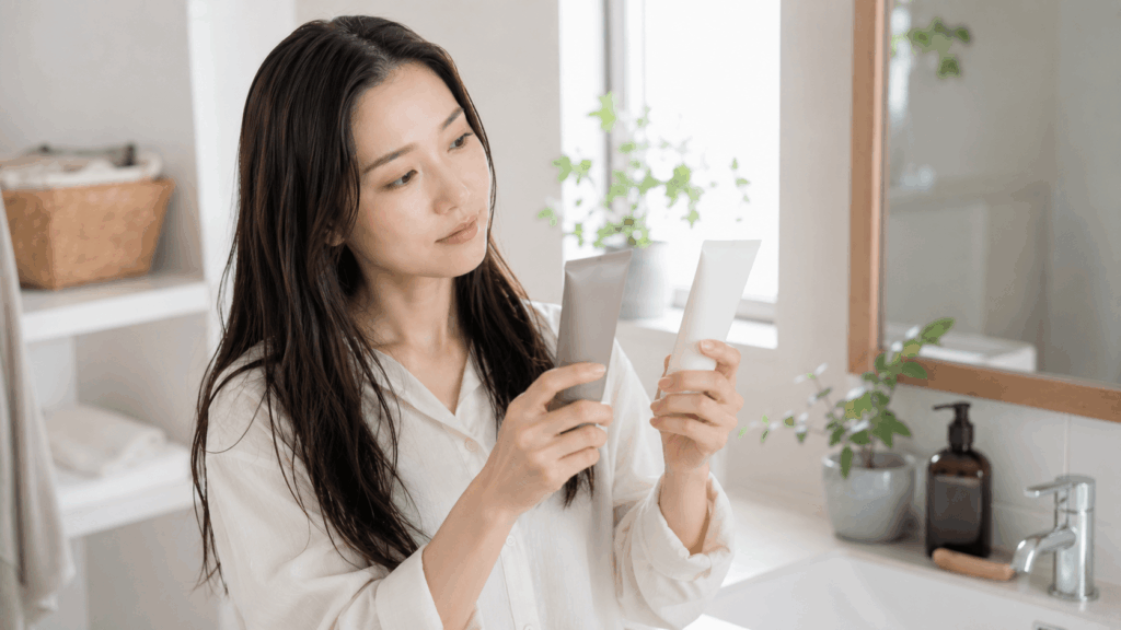 髪の状態に合わせてヘアケアアイテムを選ぶ女性の手元のシーン