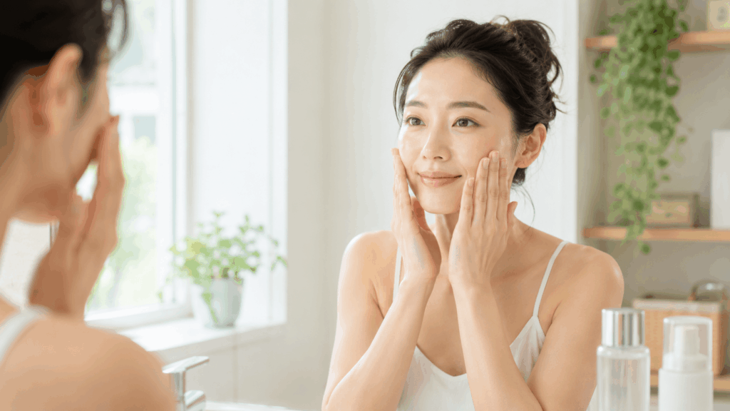 洗顔後に化粧水と乳液でやさしく保湿する女性のイメージ